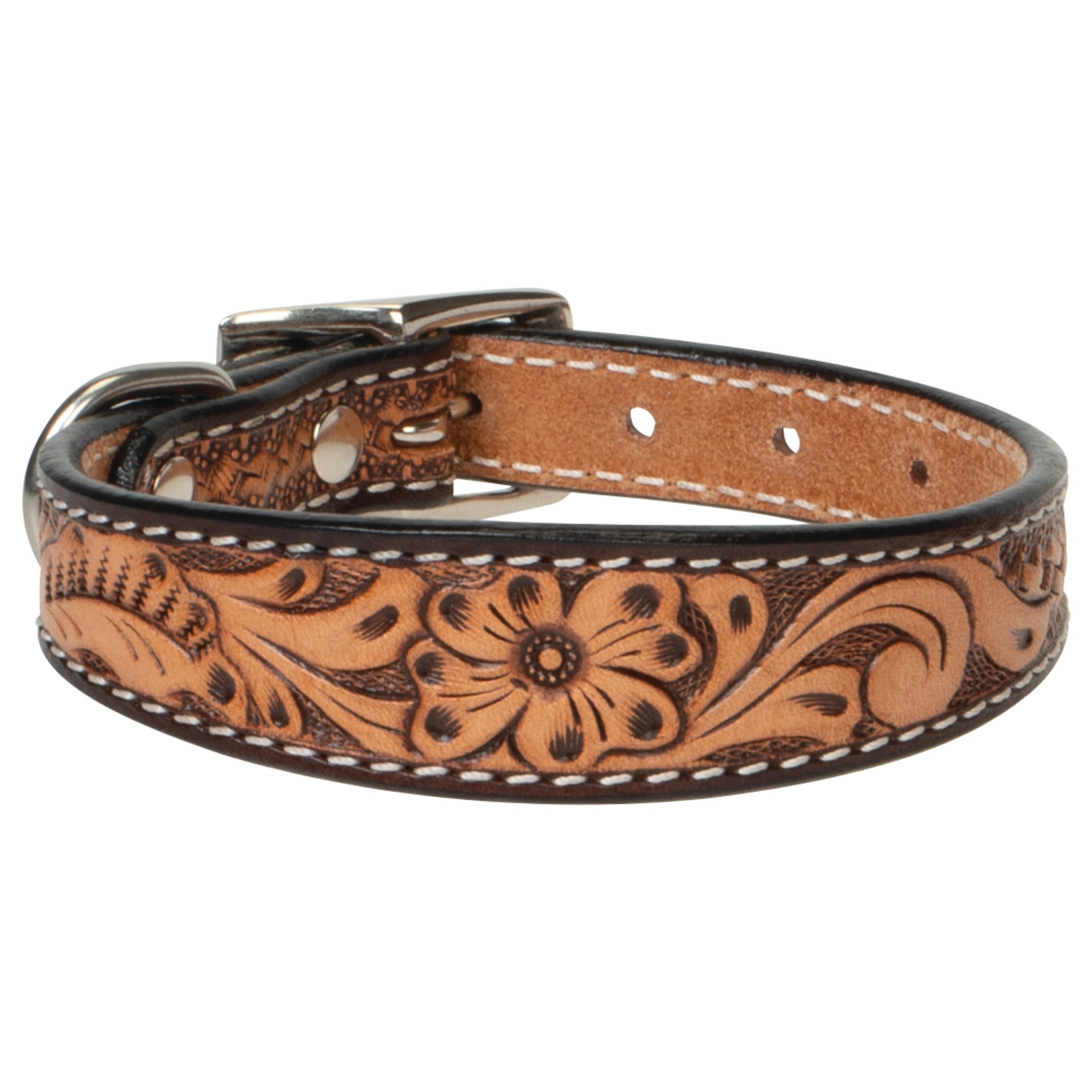 Floral Tooled Leather Dog Collar, 3/4", front