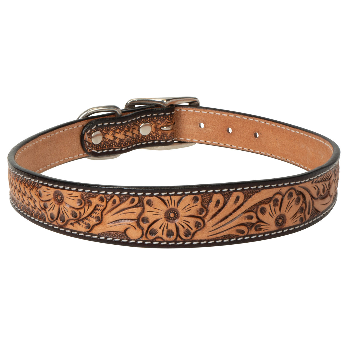 Floral Tooled Leather Dog Collar, 1", front
