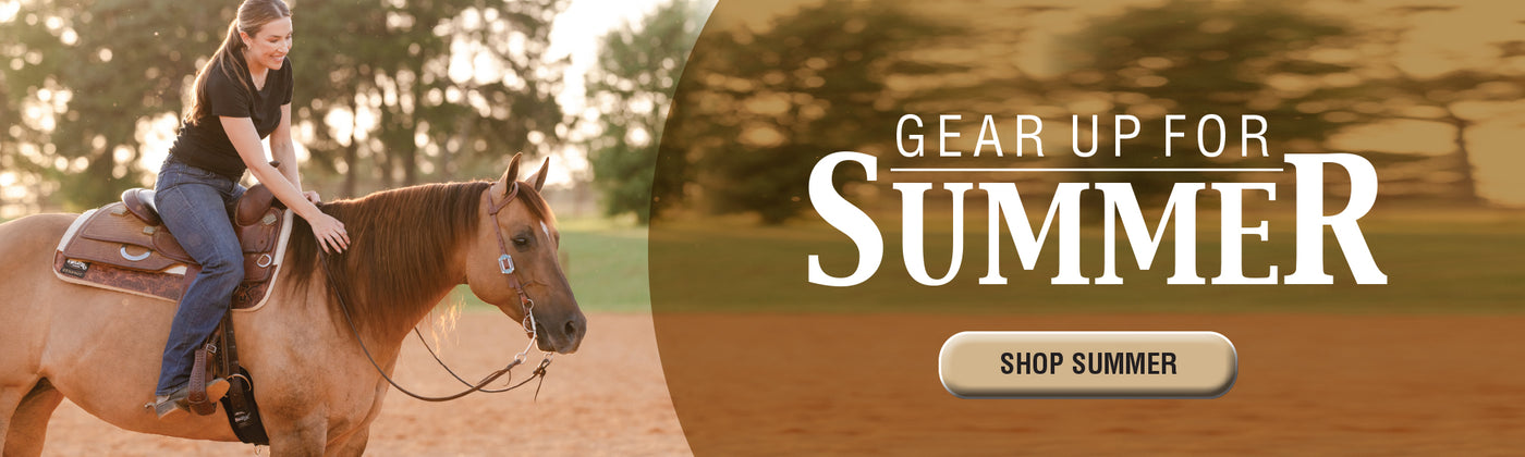 Woman riding a horse in a warm outdoor setting with promotional text reading “Gear Up for Summer” and a “Shop Summer” button.