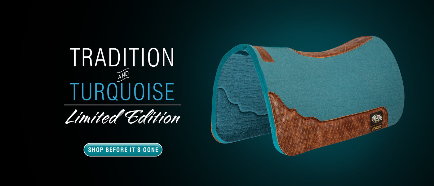 Limited-edition turquoise saddle pad with brown leather accents.