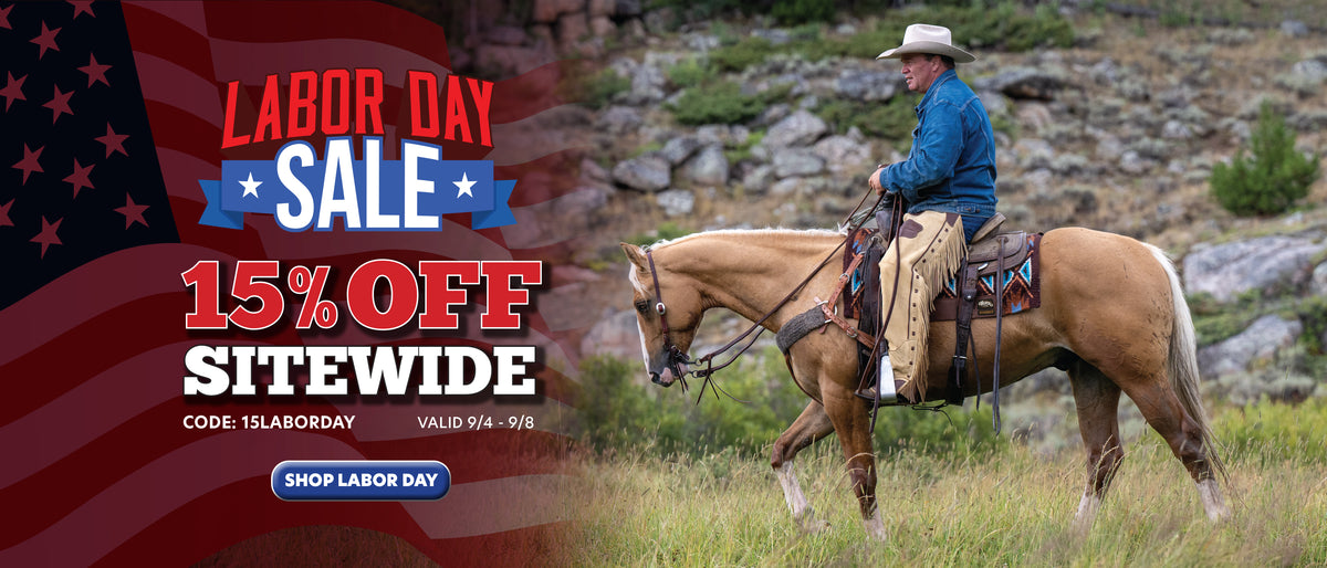 Cowboy riding a horse in the mountains beside Labor Day sale details offering 15% off sitewide with code 15LABORDAY.