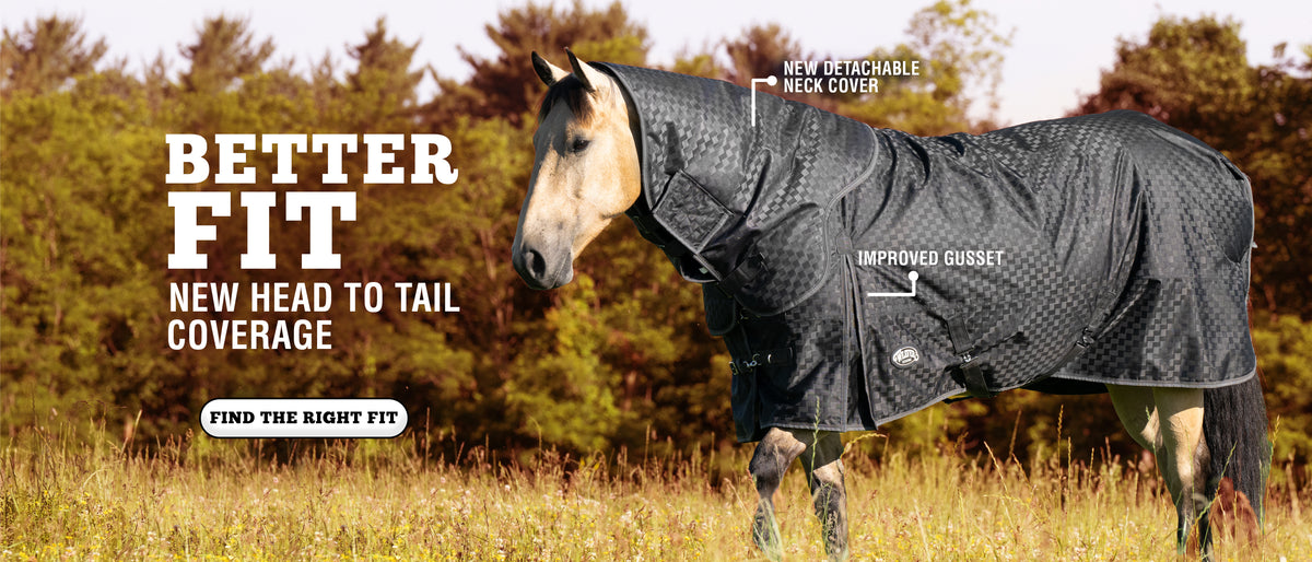 Horse wearing a black turnout blanket with detachable neck cover and improved gusset, shown outdoors with “Better Fit, New Head to Tail Coverage” text.