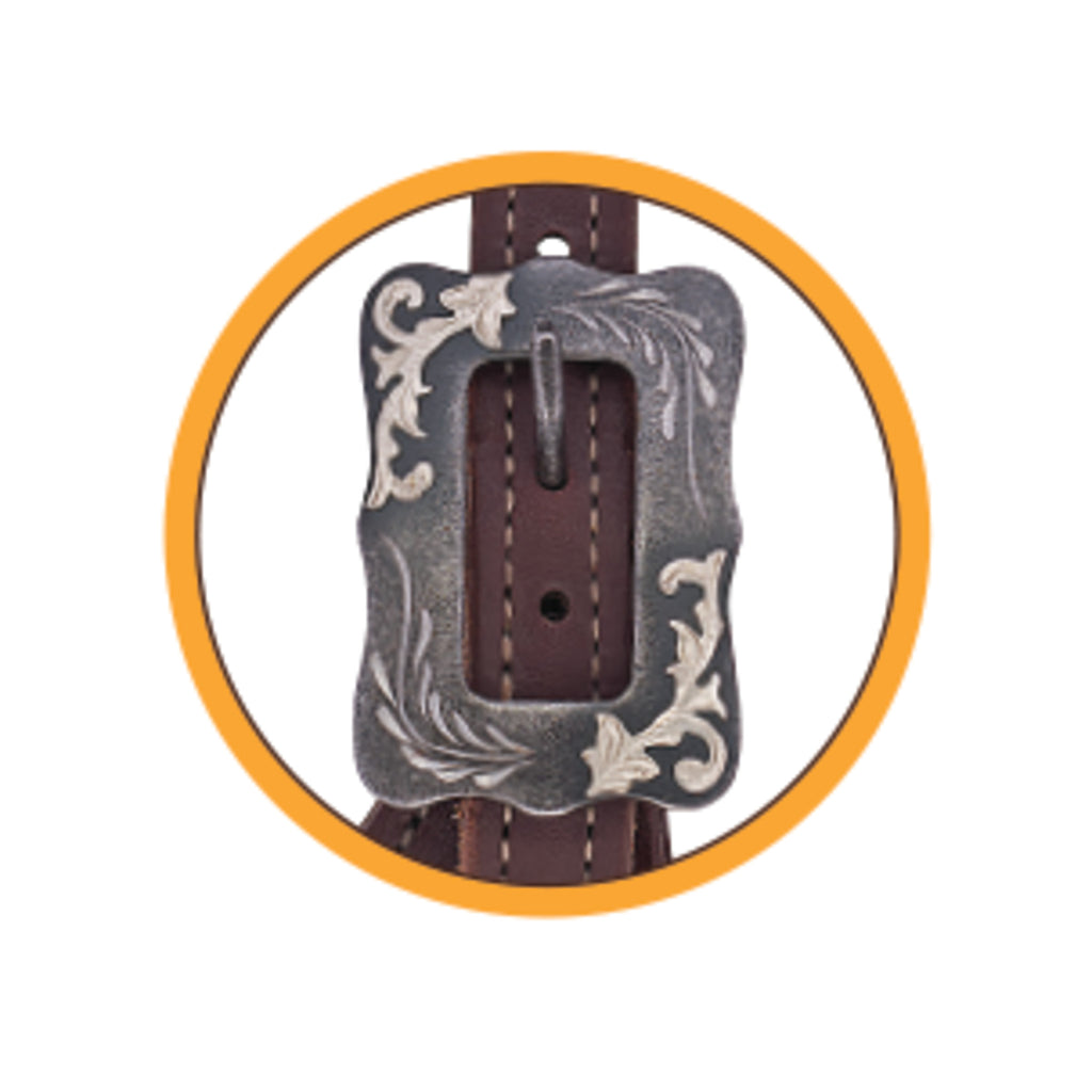 Buckaroo Oiled Canyonn Rose Harness Leather Spur Straps, Buffed Brown Scalloped Buckle
