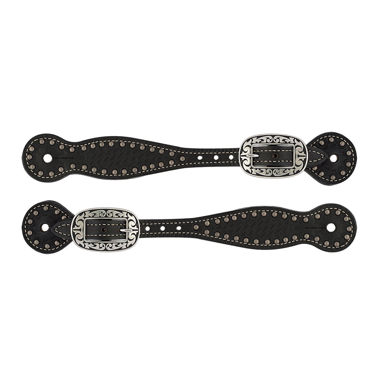 Basketweave Bridle Leather Spur Straps, Thin, Black