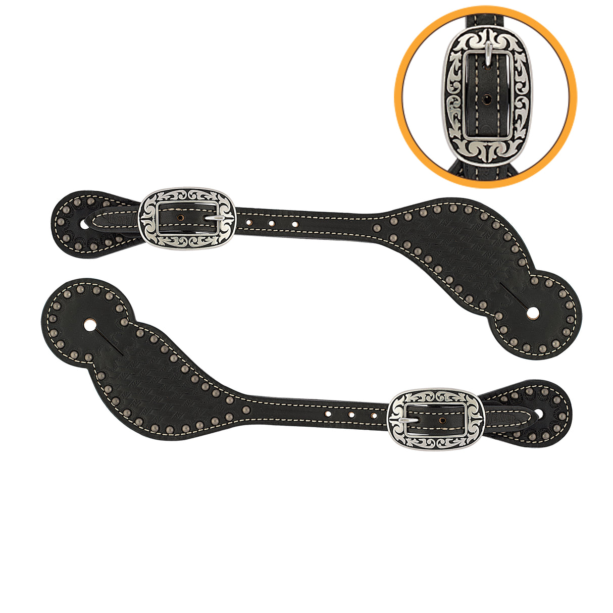 Basketweave Bridle Leather Spur Straps, Regular, Black