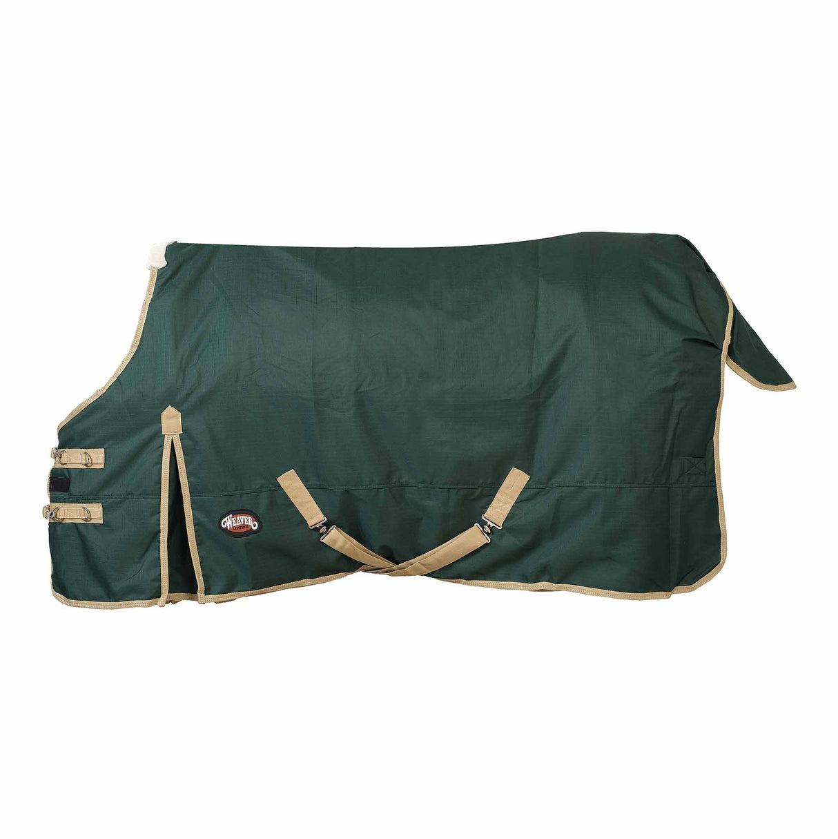Green horse blanket with beige straps on a white background