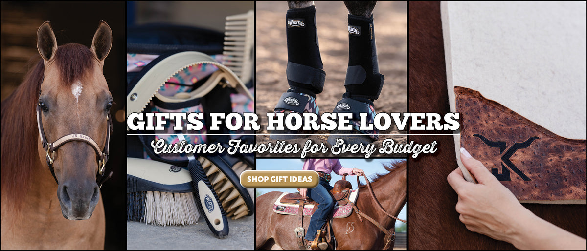 Gift guide for horse lovers featuring grooming supplies, protective horse boots, a personalized leather item, and Western riding gear.