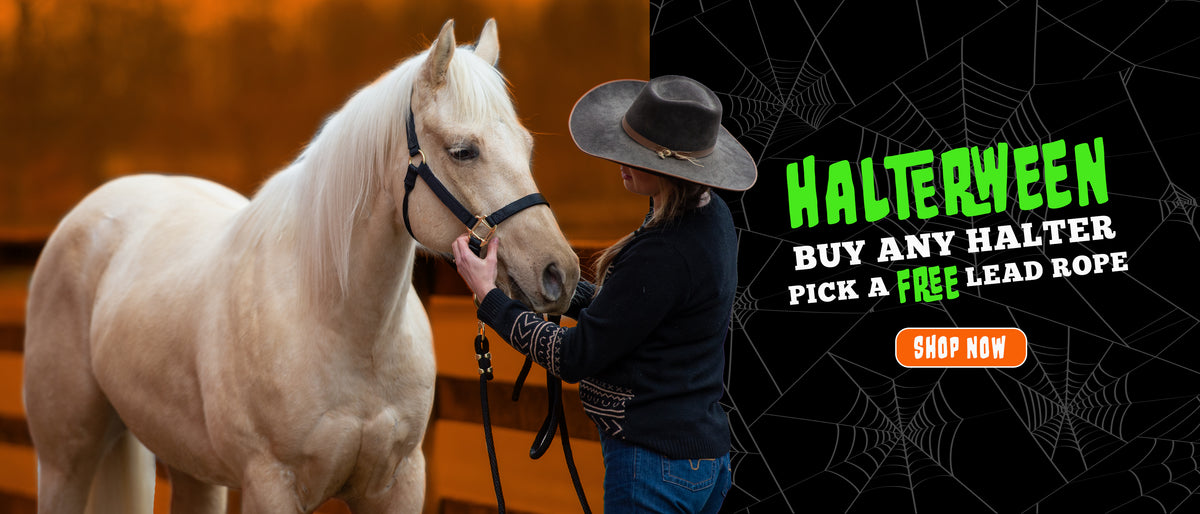 Woman in cowboy hat holding a palomino horse wearing a black halter, promoting Weaver Equine’s Halterween offer: buy any halter and get a free lead rope.