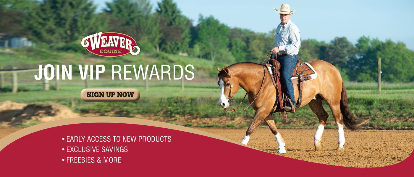 Weaver Equine VIP Rewards sign-up graphic featuring a rider on horseback, with benefits including early access to new products, exclusive savings, freebies and more.