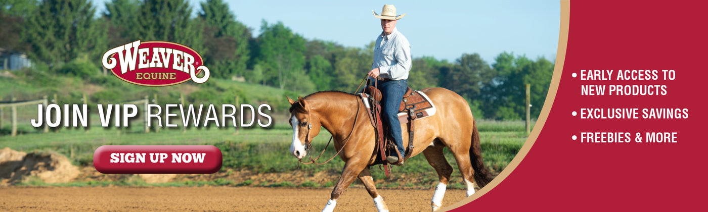 Weaver Equine VIP Rewards banner featuring a rider on a horse with a sign-up callout and benefits including early access to new products, exclusive savings, freebies, and more.