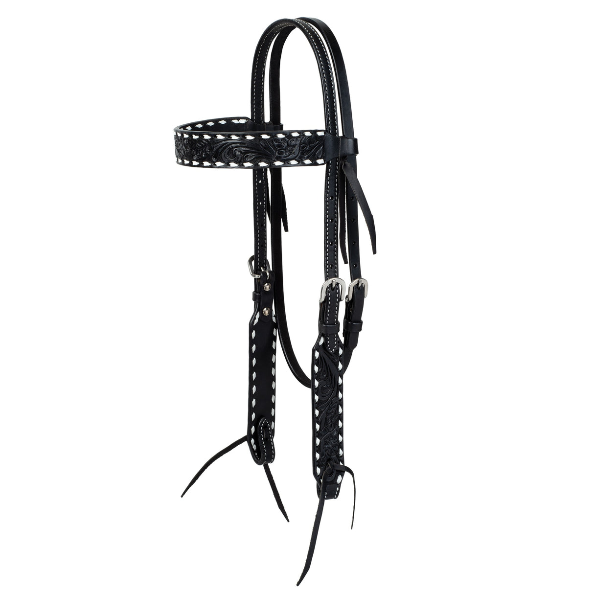 Black Leather Floral Buckstitch Headstall