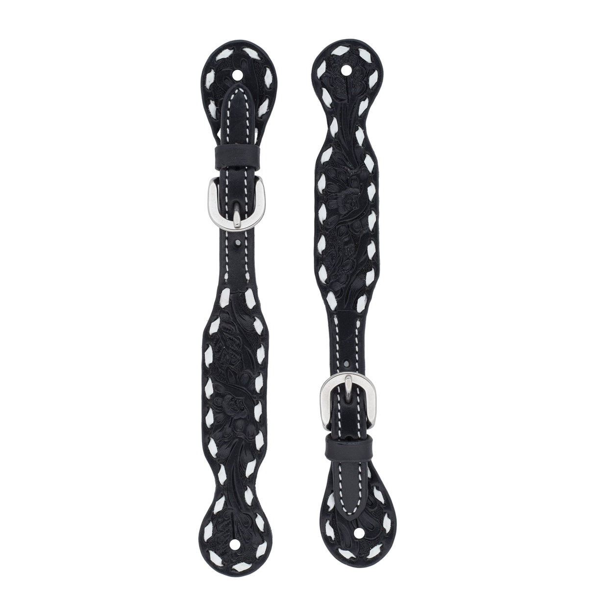 Black Leather Floral Buckstitch Women's Spur Straps