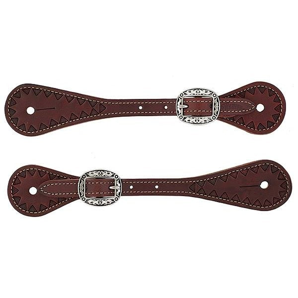 Youth Hand Tooled Triangle Border Spur Straps, Chestnut