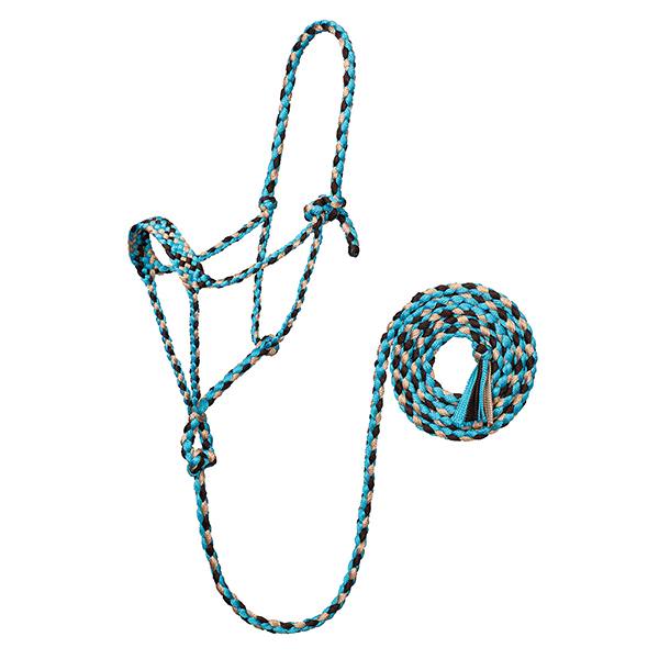 Braided Rope Halter with 10 Lead, Turquoise/Brown/Tan
