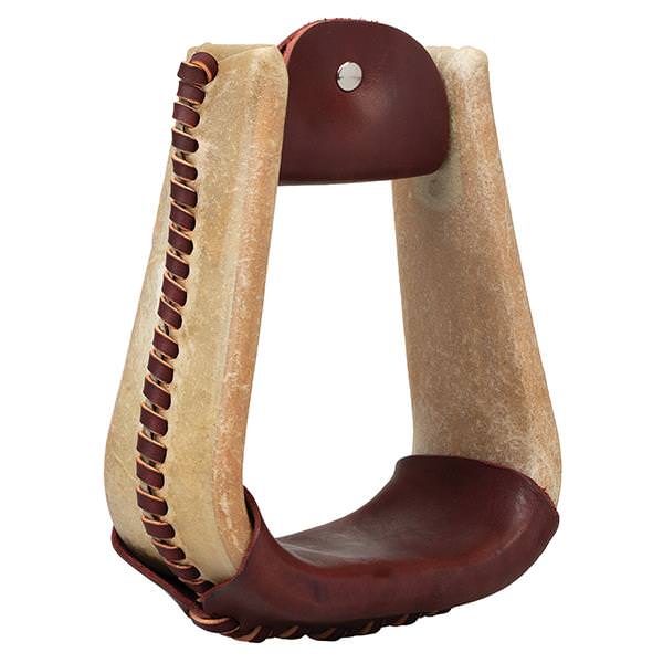 Nat. Rawhide Covered Stirrup, Deep Roper, 3" Neck, 3" Tread, Burgundy