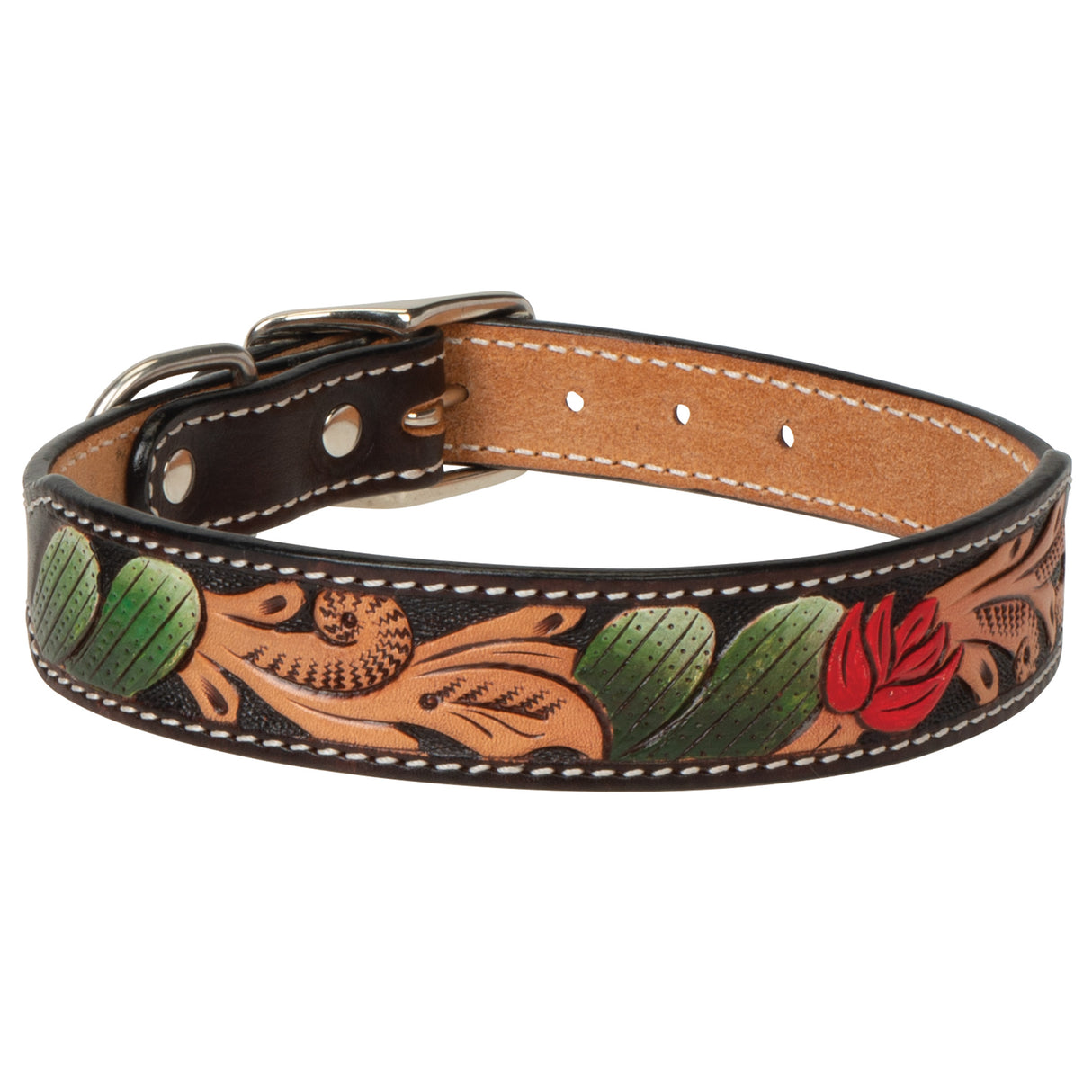 Painted Cactus Leather Dog Collar, 15" - 19", front 