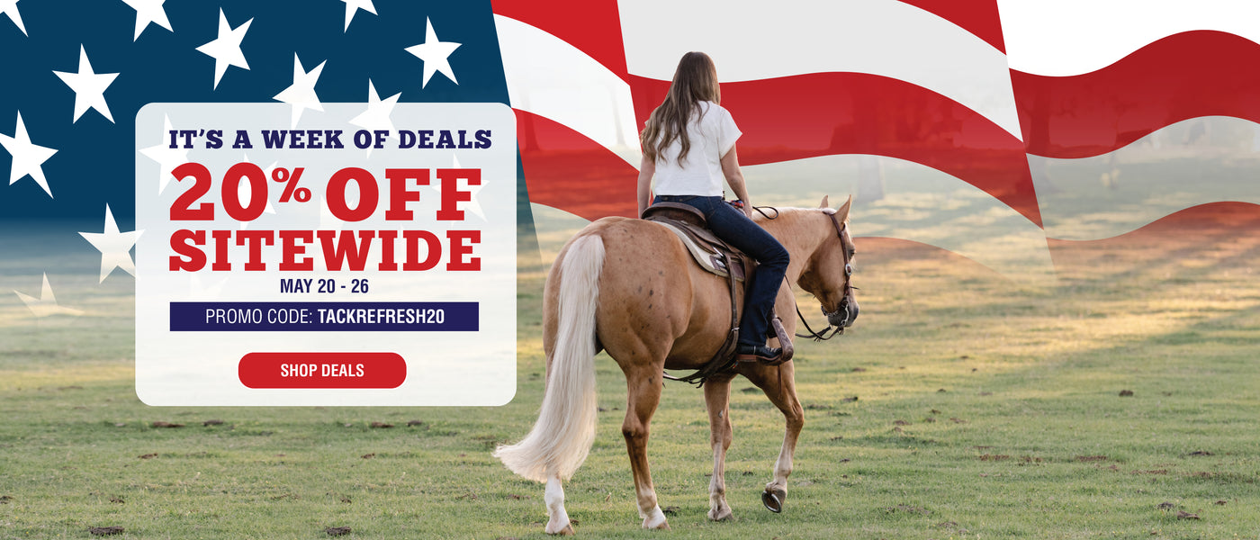 20% off sitewide Memorial Day sale banner with horseback rider and American flag