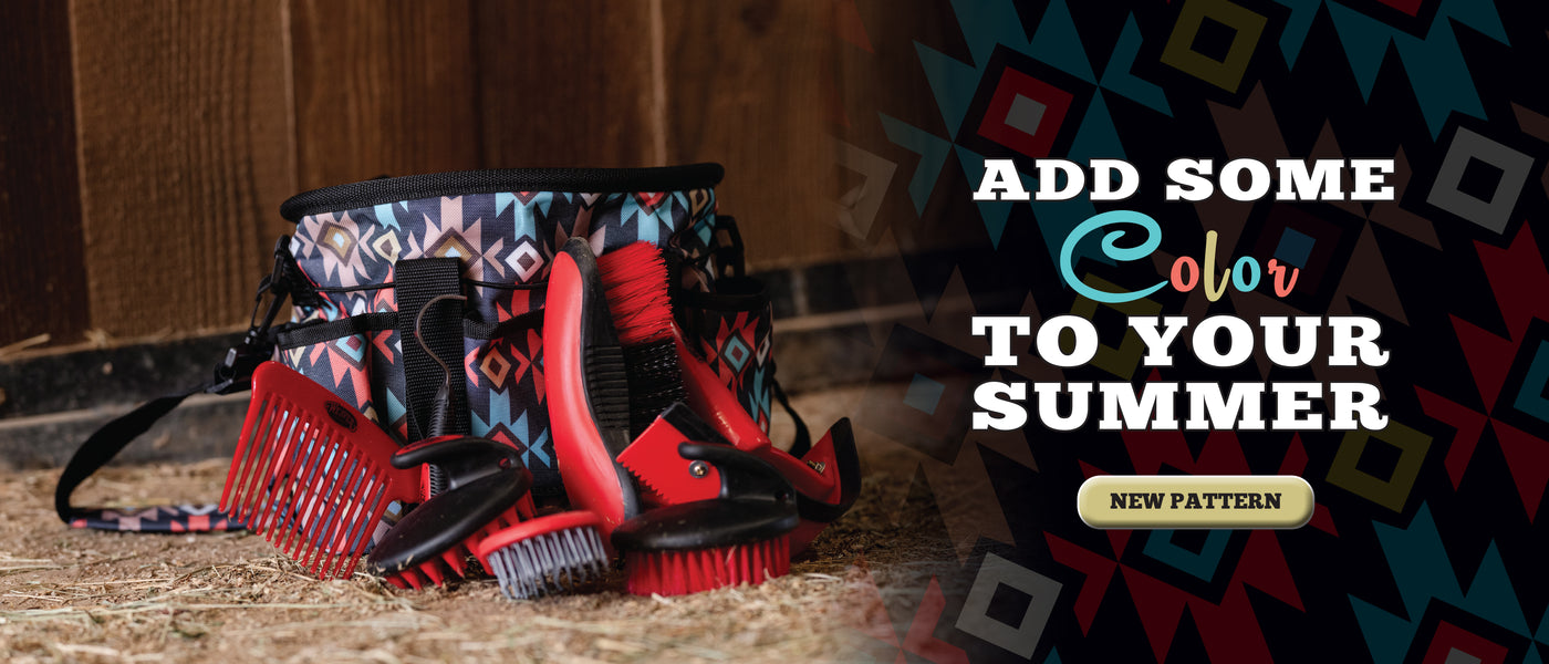 Equine grooming brushes and combs with a colorful patterned bag beside “Add Some Color to Your Summer” promotional text.
