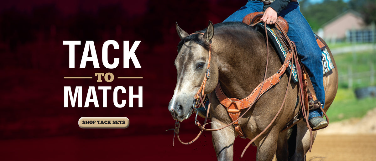 Horse wearing coordinated western tack with rider and “Tack to Match” promotion for tack sets.