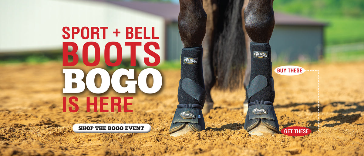 Weaver Equine Sport and Bell Boots BOGO promotion featuring a horse wearing black protective leg boots, with a buy one, get one offer and “Shop the BOGO Event” call to action.