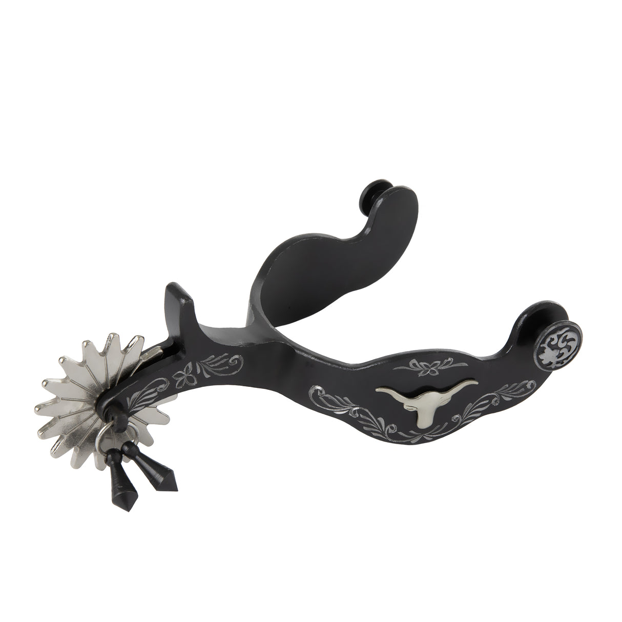 Men's Show Spurs with Engraved Floral Trim and Longhorn Accent