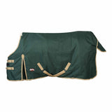 Green horse blanket with beige straps on a white background