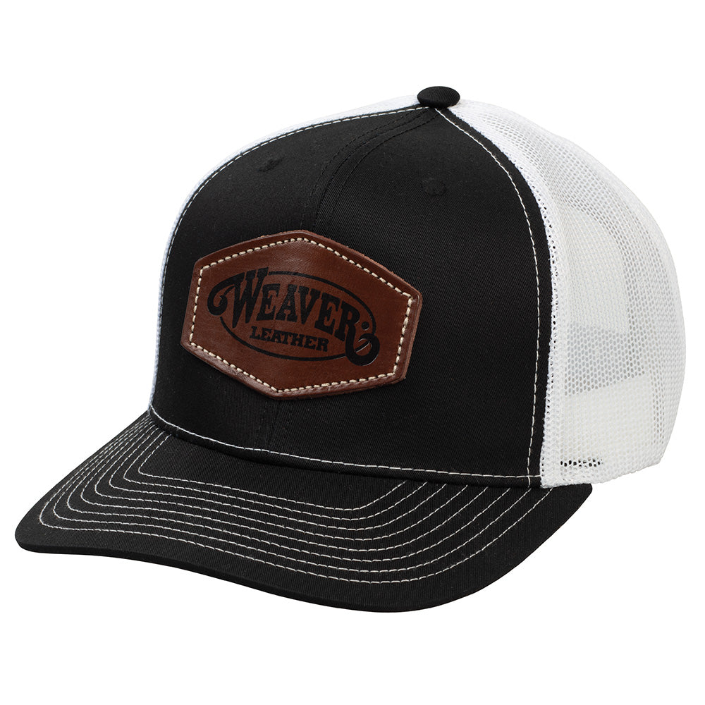 Weaver Leather Cap Engraved Leather Patch Black with White Mesh