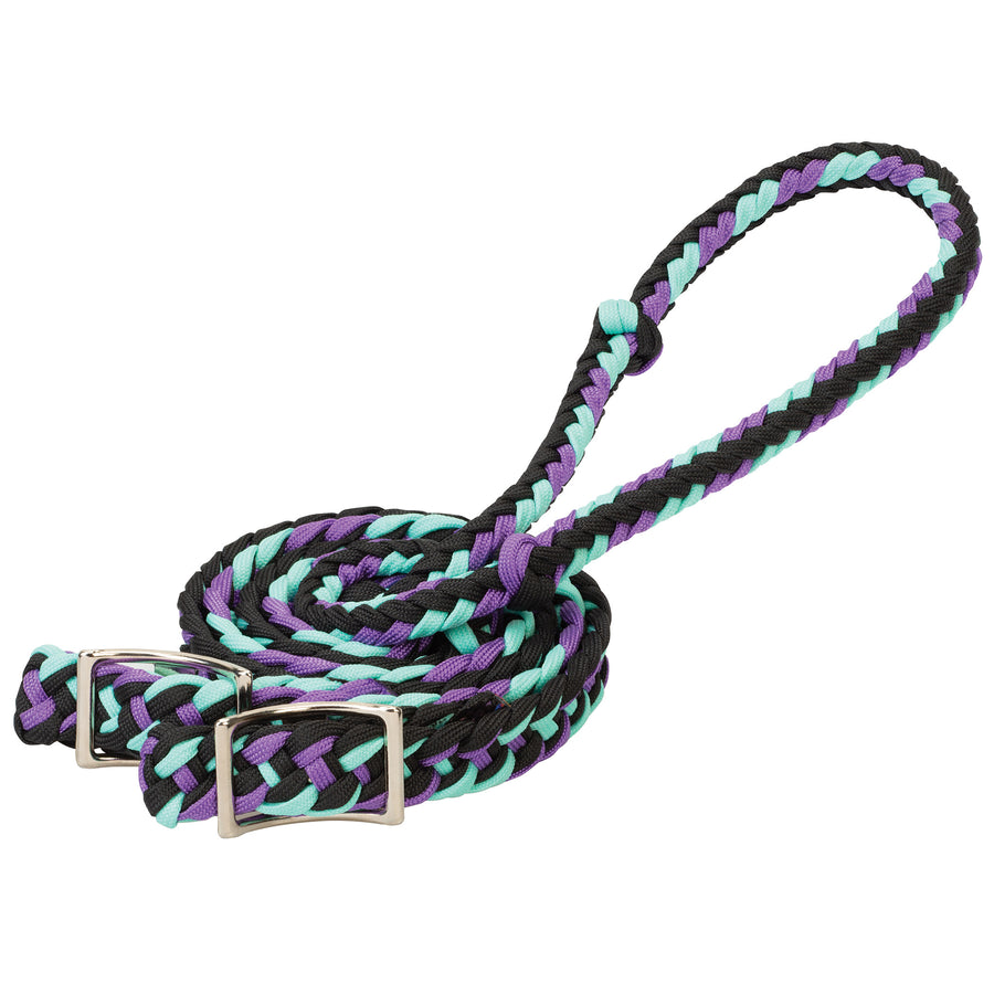 NEW! Showman Braided nylon barrel reins with easy grip knots - teal, lime, and turquoise main image 1