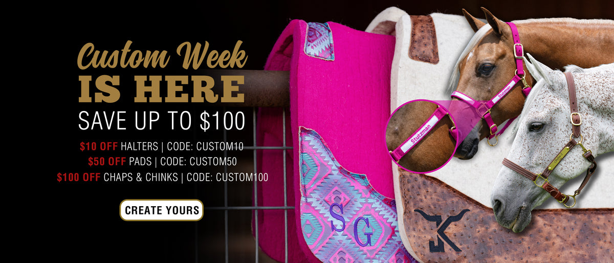 Weaver Equine Custom Week promotional banner featuring personalized saddle pads, halters, and chaps and chinks, with two horses and savings up to $100 on custom tack.