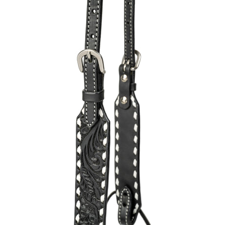 Black Leather Floral Buckstitch Headstall