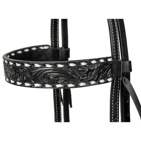 Black Leather Floral Buckstitch Headstall