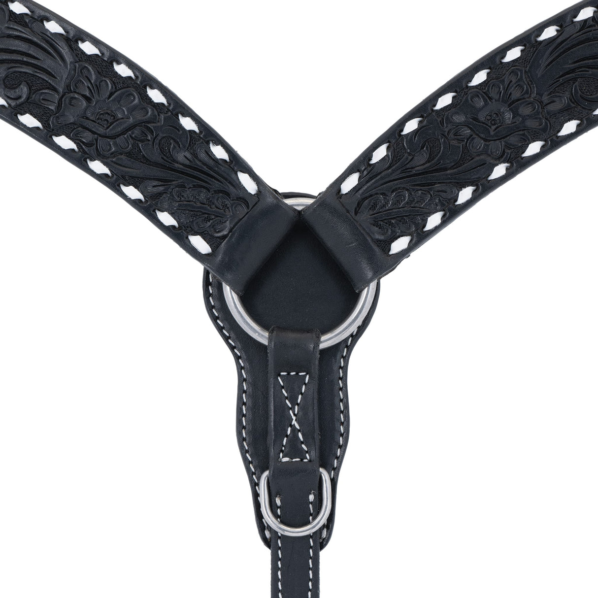 Black Leather Floral Buckstitch Contoured Breast Collar