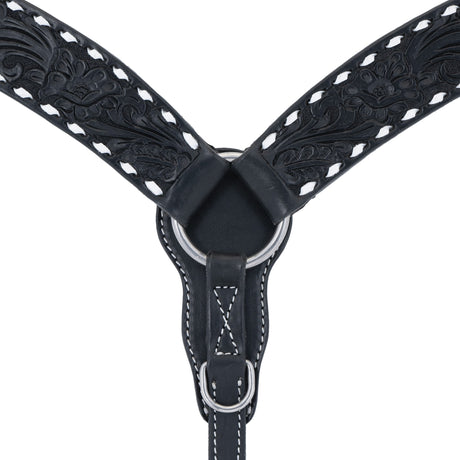 Black Leather Floral Buckstitch Contoured Breast Collar