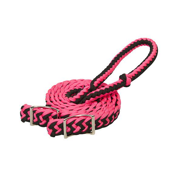 New! Showman Braided nylon barrel reins with easy grip knots - pink and purple main image 0