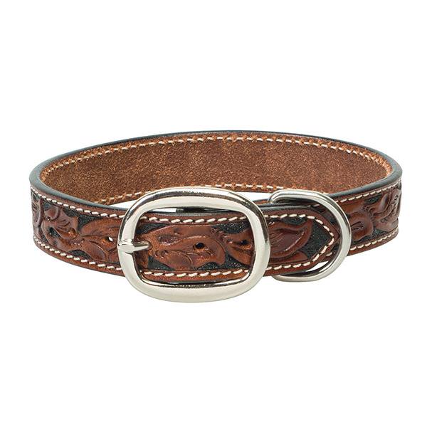 Carved Floral Dog Collar, Chestnut, 3/4" x 13"