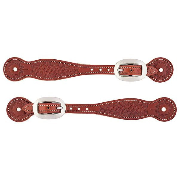 Basketweave Skirting Leather Spur Straps, Thin, Oiled Chestnut