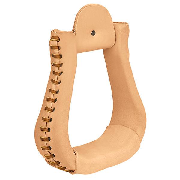 Natural Leather Covered Stirrups, Bell, 3" Neck