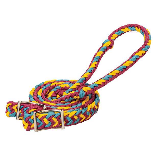New! Showman Braided nylon barrel reins with easy grip knots - pink and purple main image 1