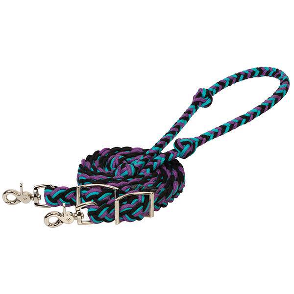 EcoLuxe<sup>&trade;</sup> Flat Barrel Reins, Black/Turquoise/Purple, 3/4" W x 8 L