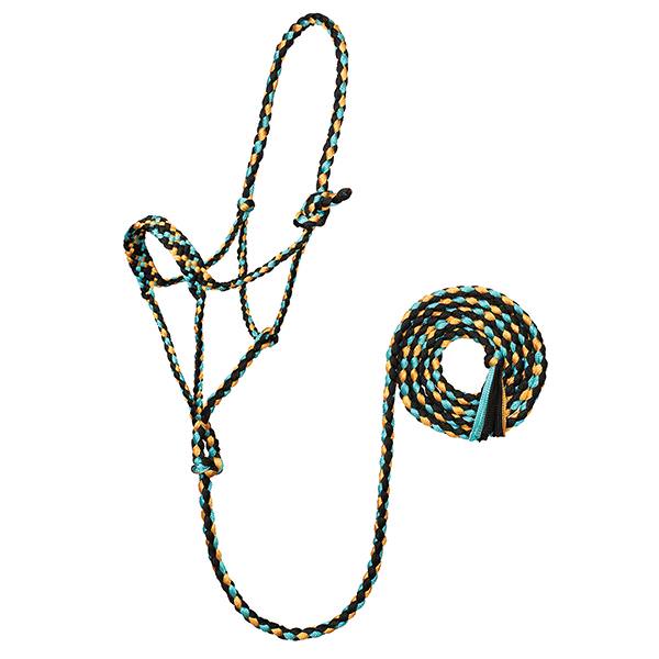 Braided Rope Halter with 10 Lead, Black/Saffron/Mint