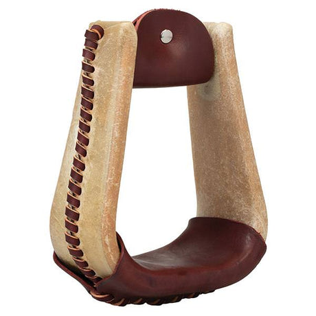 Nat. Rawhide Covered Stirrup, Deep Roper, 3" Neck, 3" Tread, Burgundy