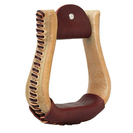 Nat. Rawhide Covered Stirrup, Bell, 3" Neck, 2" Tread, Burgundy